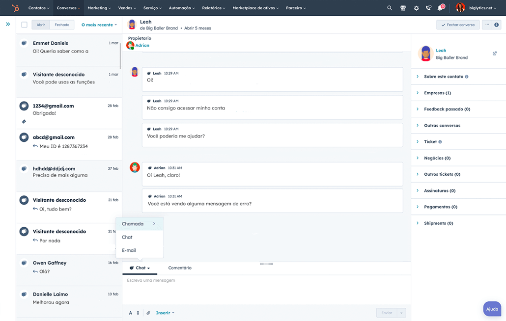 captura de tela do software de gestão de comunicação com o cliente da HubSpot