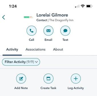iOS mobile app contact screen for Lorelai Gilmore at The Dragonfly Inn. The 'Activity' tab is active, with buttons below to Add Note, Create Task, or Log Activity.