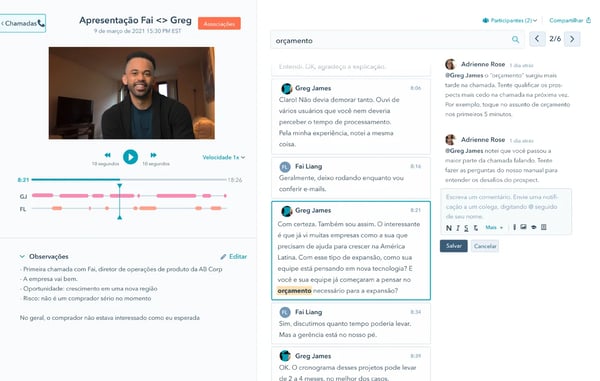 treinamento de equipe com base em feedback de cliente gravado no software de inteligência de conversas da HubSpot