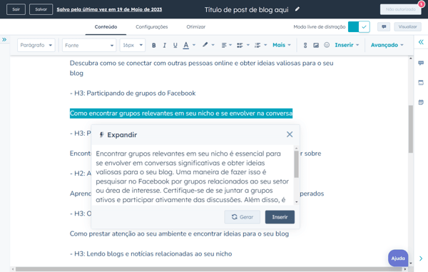 ferramenta de IA da HubSpot reescrevendo um parágrafo