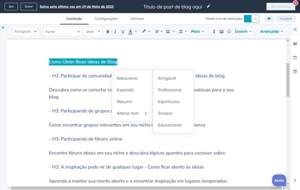 ferramenta de IA da HubSpot reescrevendo parágrafos