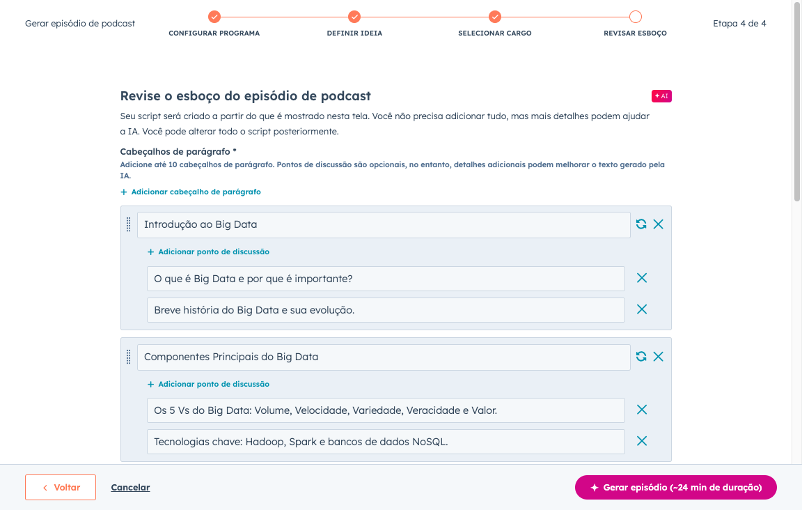 Esboço de episódio de podcast - Content Hub