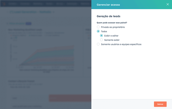 captura de tela da gestão de permissões disponível na ferramenta de painéis e relatórios da HubSpot