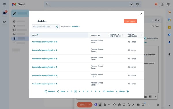 Lista de modelos de e-mail da HubSpot exibidas na caixa de entrada