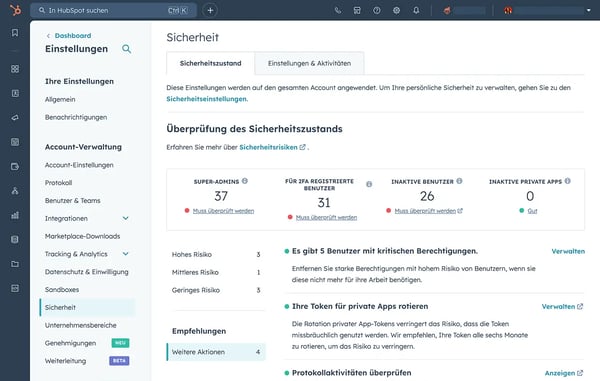 Screenshot der HubSpot-Benutzeroberfläche mit verschiedenen Sicherheitseinstellungen