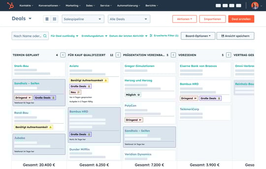 Einfache Benutzeroberfläche von Sales Hub mit nach Dealphase geordneten Spalten der Sales-Tracking-Software 
