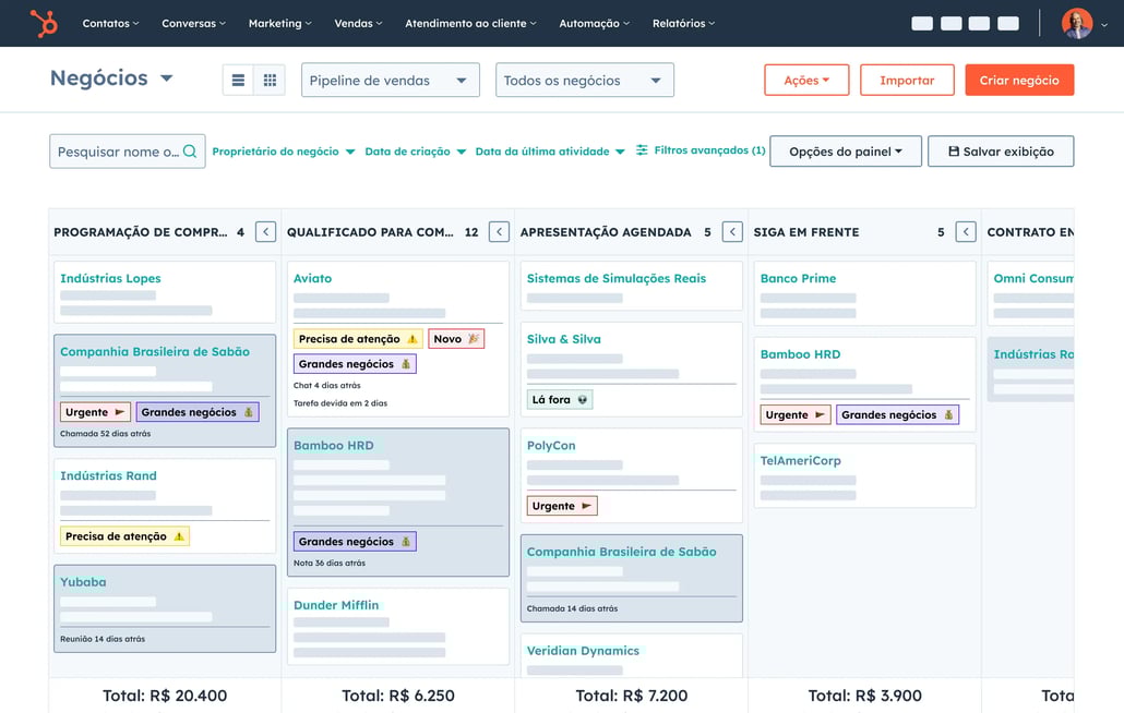 interface do software de acompanhamento de vendas da HubSpot