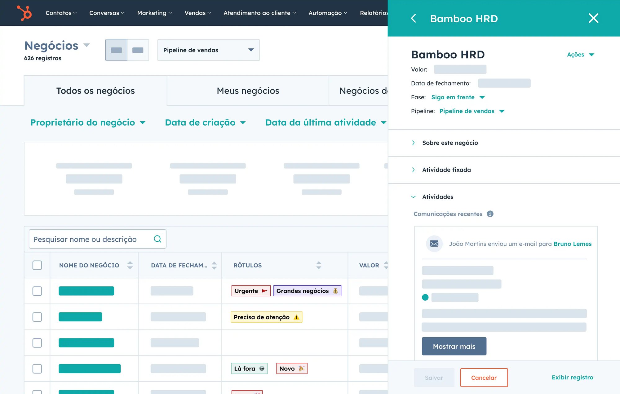 interface do software de acompanhamento de vendas da HubSpot