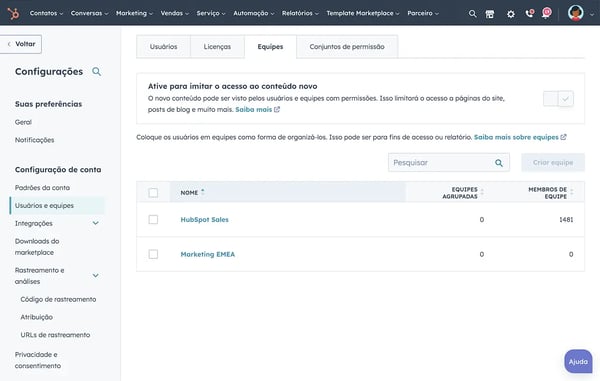 gestão de times com permissões de usuários na plataforma de CRM inteligente da HubSpot