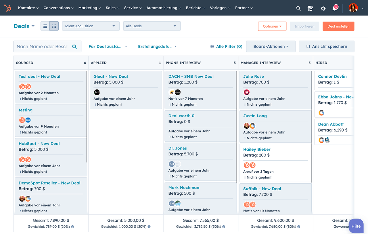 HubSpot CRM Deal-Pipeline in der Kanban-Ansicht mit Vertriebsphasen von Sourced bis Hired