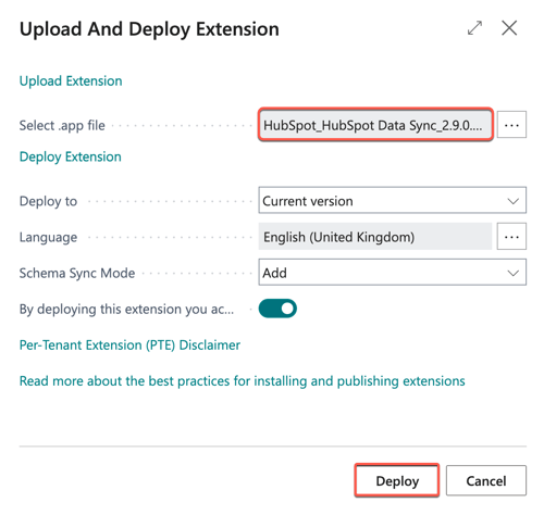 Captura de tela mostrando como implantar a extensão HubSpot no Microsoft Business Central. 
