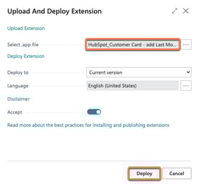 Screenshot showing how to deploy the HubSpot extension in Microsoft Business Central.