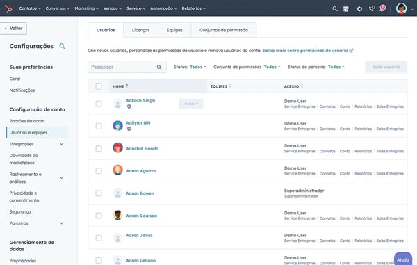 lista de permissões de usuários na plataforma de CRM inteligente da HubSpot