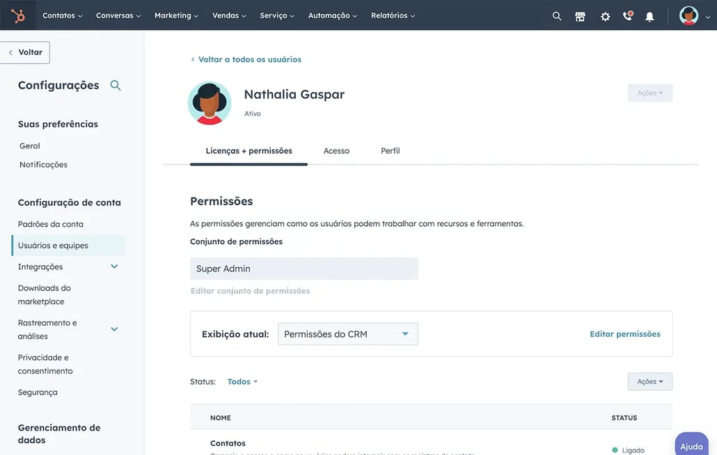 Perfil de Usuário na conta da HubSpot - tipos de permissões