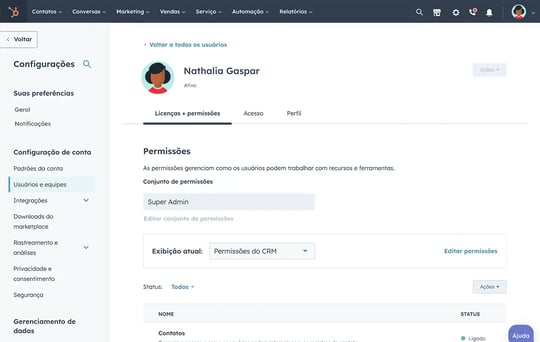 Perfil de Usuário na conta da HubSpot - tipos de permissões