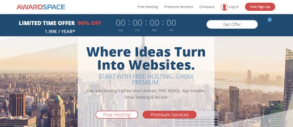 AwardSpace homepage that reads "where ideas turn into websites"