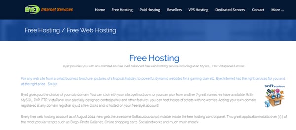 Byet homepage that reads "free hosting"