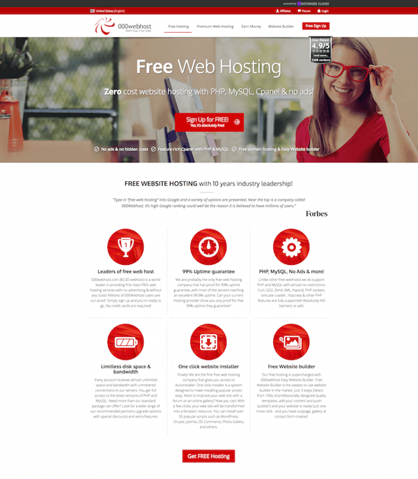 000webhost homepage that reads "zero cost website hosting with php, mysql, cpanel, and no ads"