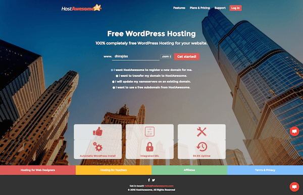hostawesome homepage that reads "100% completely free wordpress hosting for your website"
