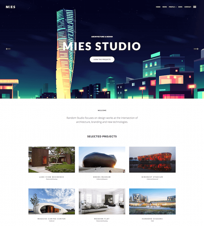 MIES theme shows construction theme company website for WordPress