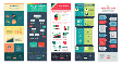 A collection of five colorful infographics displaying various data visualizations, charts, and flowcharts related to information design, statistics, and a timeline of significant events.