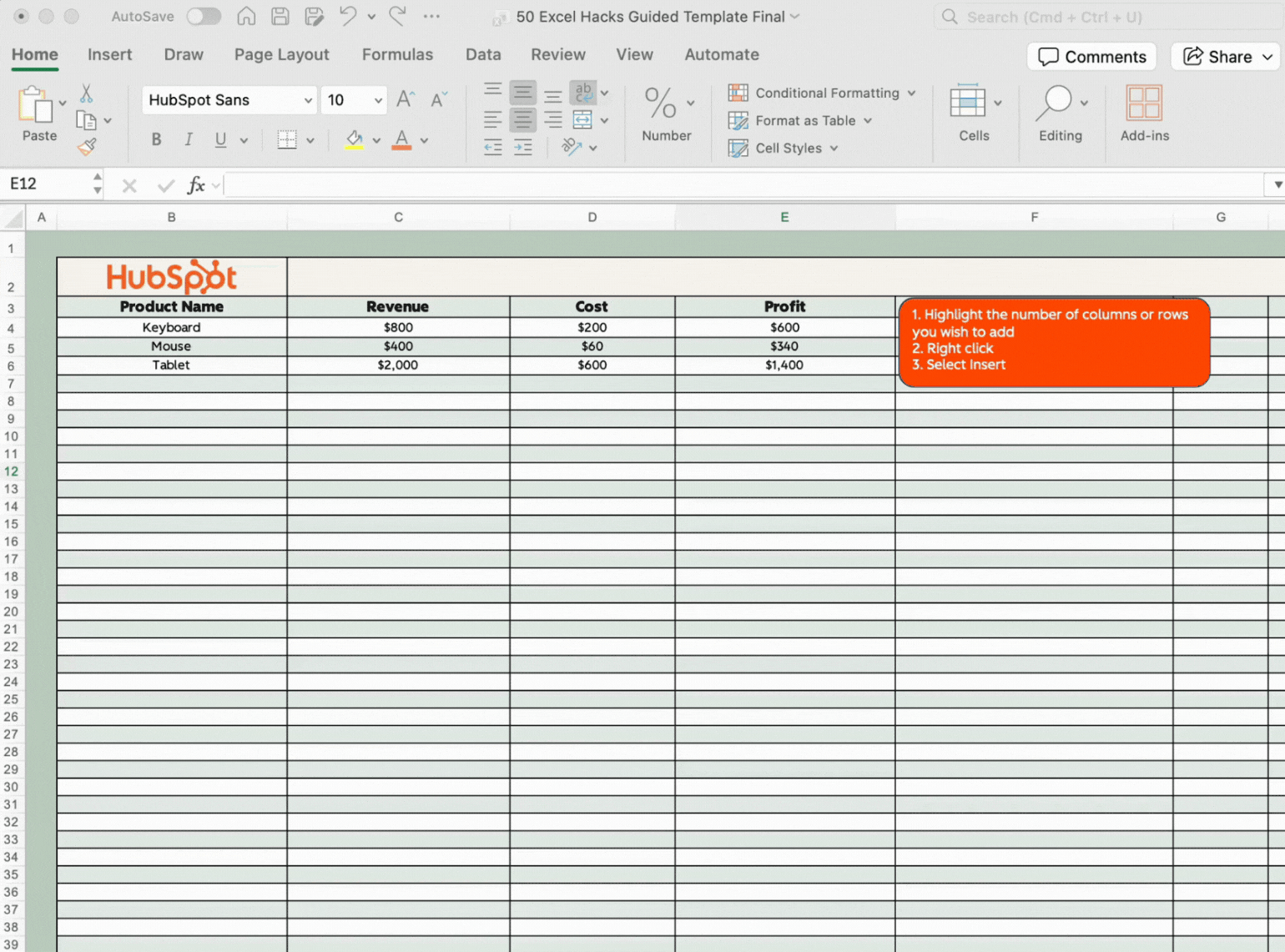 Insert multiple rows or columns at once