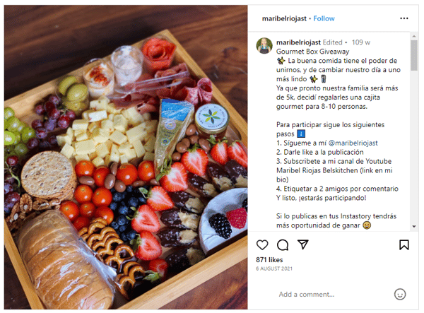 Instagram giveaway de Maribel Rojas