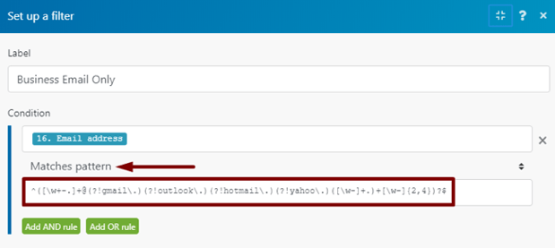 Integromat filter with a rule matching a regex pattern