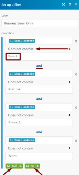 Integromat filter with a set of rules