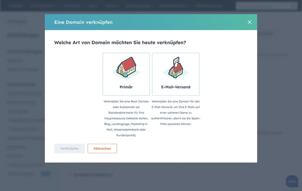 HubSpot-Oberfläche zeigt Optionen zum Verknüpfen einer Hauptdomain oder einer Domain für den E-Mail-Versand