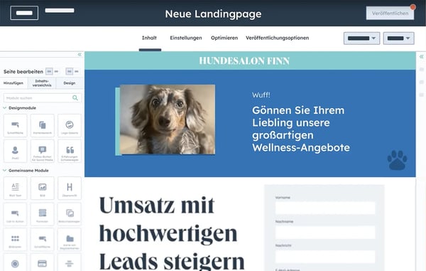HubSpot-Oberfläche zeigt den Drag-and-Drop-Website-Designer
