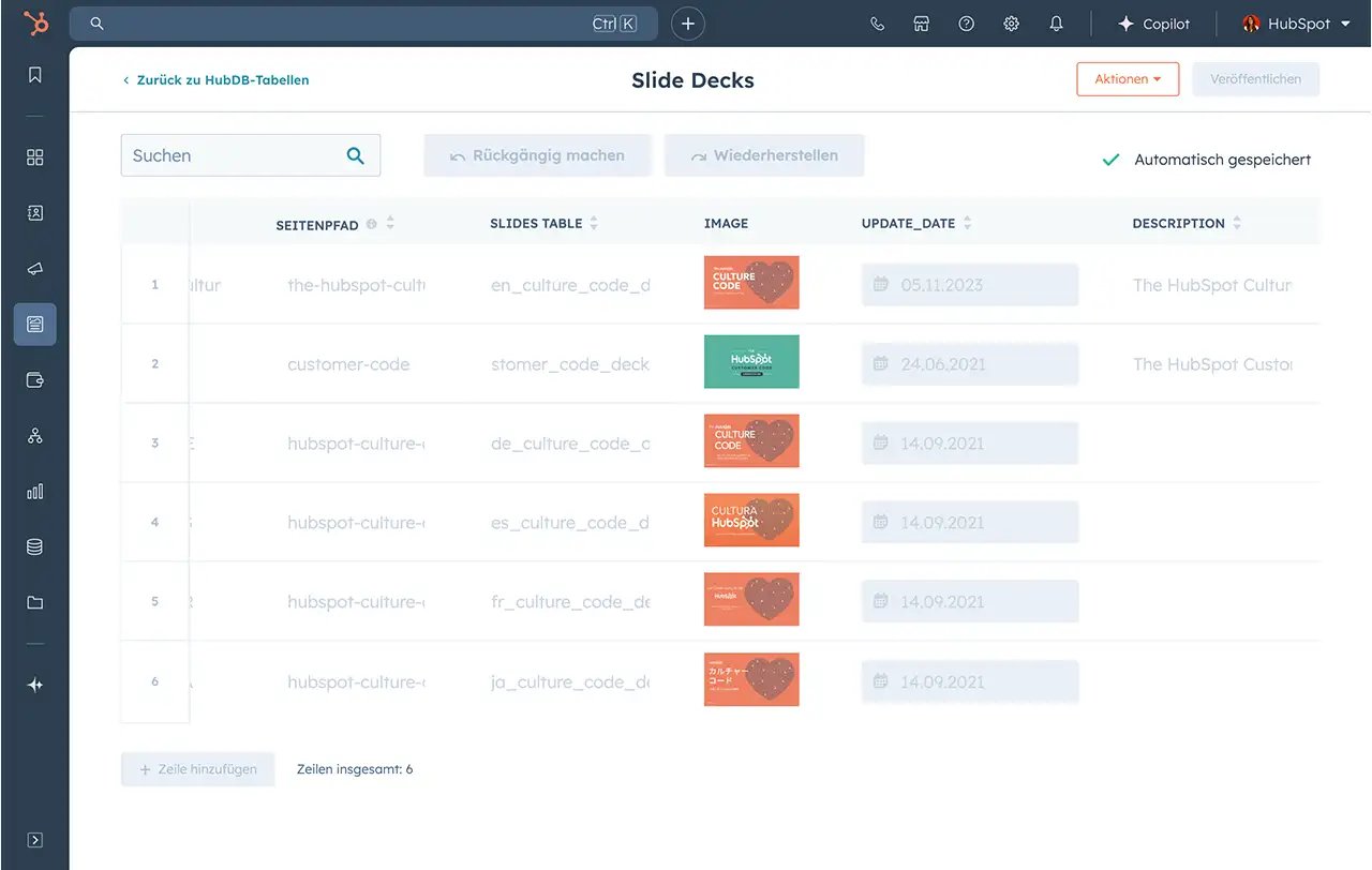 HubDB-Tabelle mit Folien