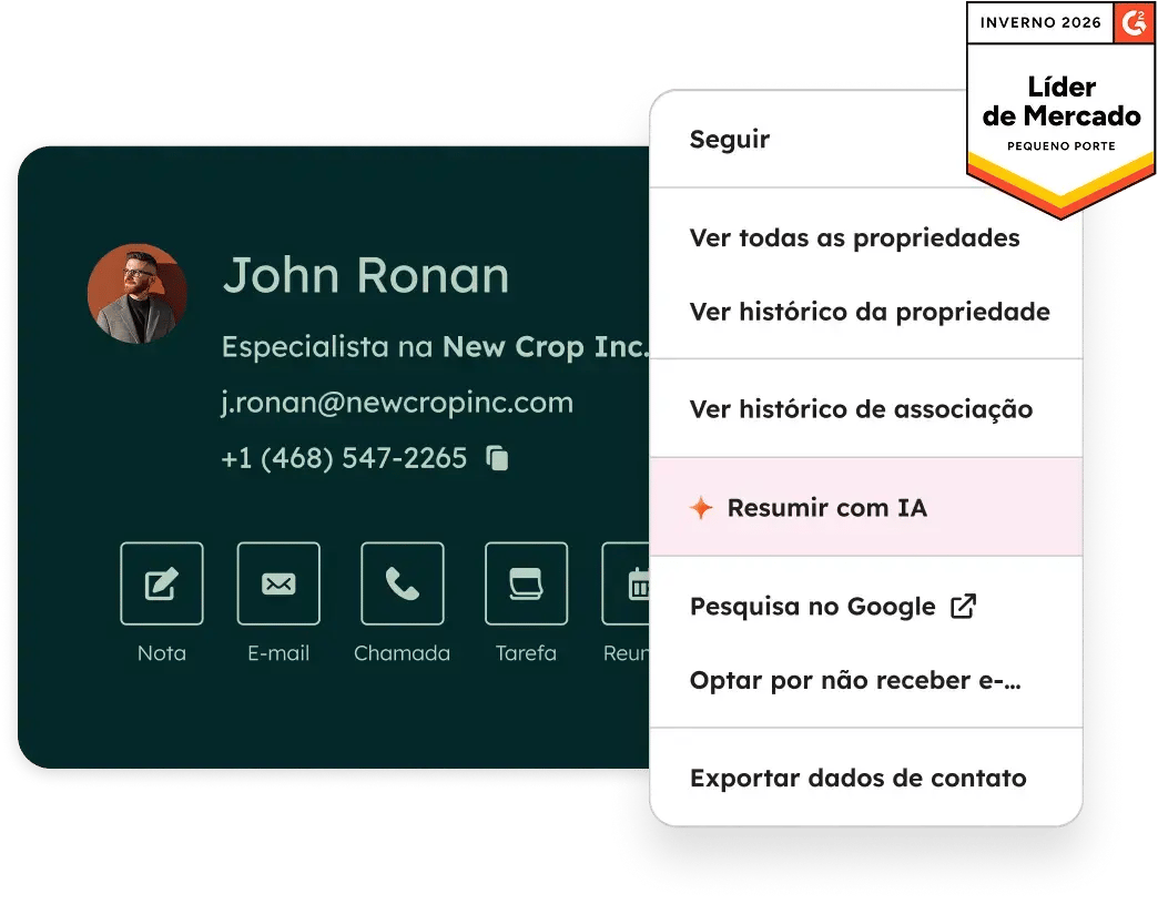 Um cartão de registro de contato na HubSpot mostrando informações de contato e várias ações que podem ser tomadas, como ligar, enviar e-mails, fazer anotações, visualizar o histórico da propriedade e resumir com IA. Também mostra que o CRM da HubSpot é vencedor do prêmio G2 como líder para pequenas empresas