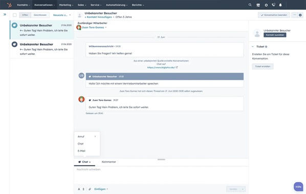HubSpot Shared Inbox zeigt länderübergreifende Konversationen mit Chat- und E-Mail-Anfragen in einer zentralen Ansicht