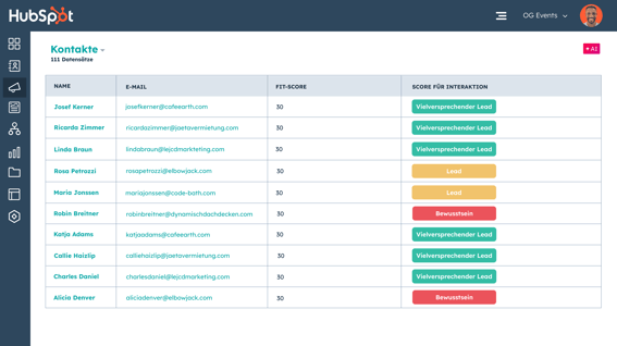 Vereinfachte Benutzeroberfläche von HubSpot mit Leadbewertung 