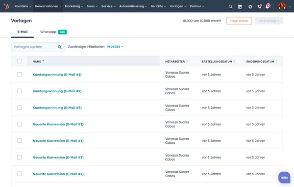 Ansicht einer Reihe von E-Mail-Vorlagen in der HubSpot-Software für E-Mail-Vorlagen