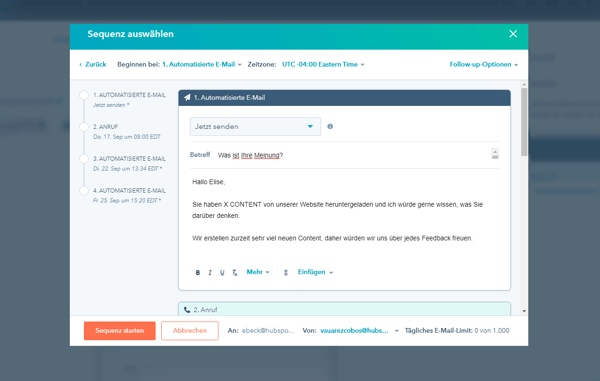 Salesautomatisierungstools von HubSpot mit Personalisierungsoptionen im Sequenzen-Editor