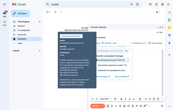 Salesautomatisierungstools von HubSpot mit der Möglichkeit, Vorlagen direkt im Posteingang zu bearbeiten
