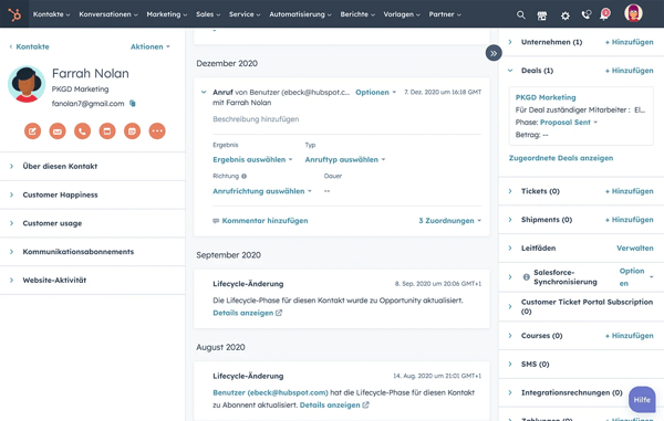 Bildschirmansicht der Kontaktinformationsdaten