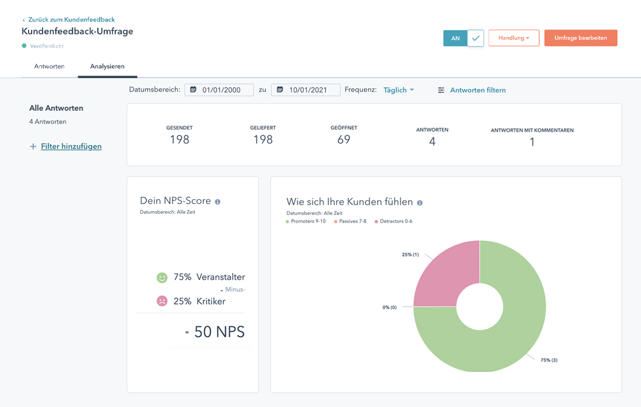 Screenshot aus dem Kundenfeedback-Tool von HubSpot zur Kundenbindung
