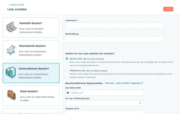 Unternehmensbasierte Listen für Account-based-Marketing auf der Benutzeroberfläche von HubSpot