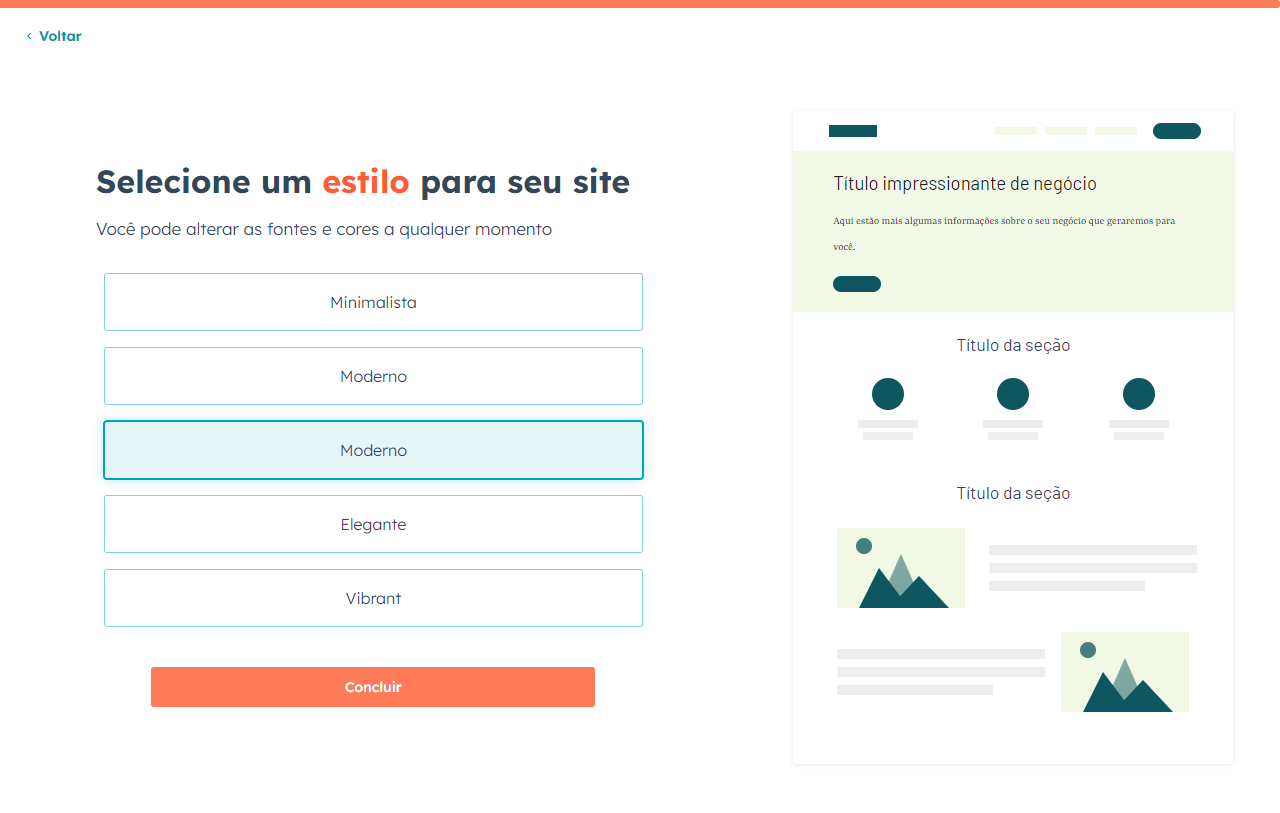 Gerador de site com IA da HubSpot mostrando exemplo de site de estilo moderno