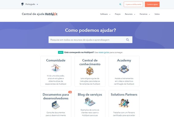Visão da central de suporte da HubSpot, onde você consegue atendimento em diversos formatos 