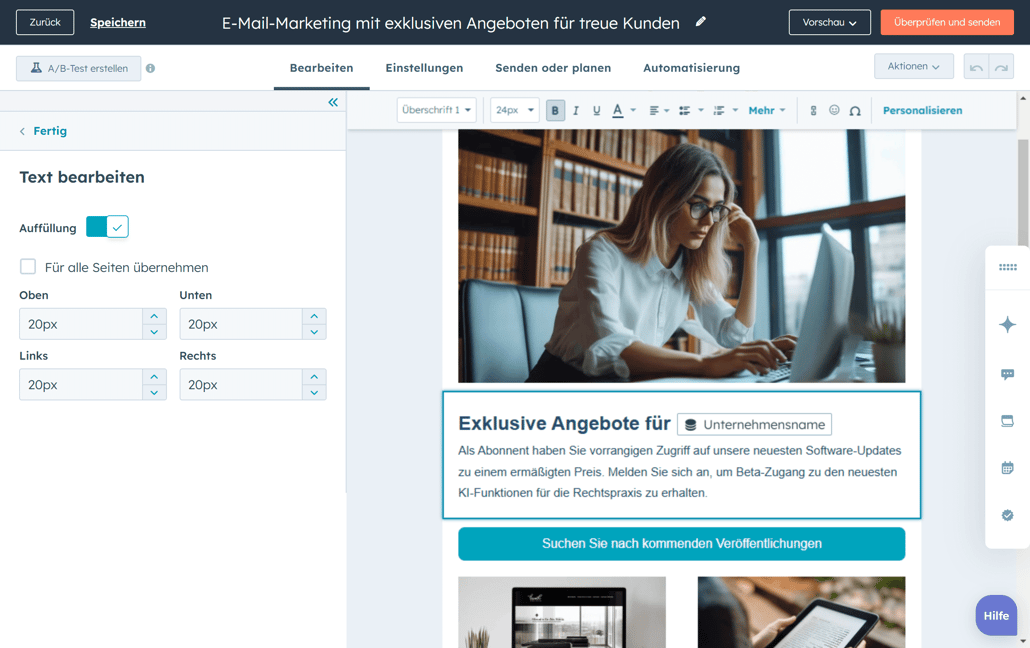 Hinzufügen von geschäftlichem Personalisierungstoken zum rechtlichen Newsletter