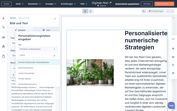 Hinzufügen von Personalisierungstoken zu einer Landingpage über Pflanzen