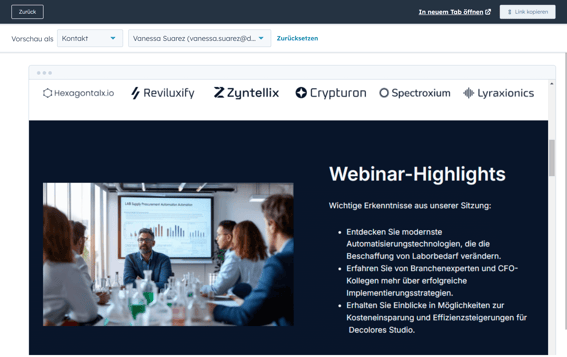 Vorschau der personalisierten Landingpage für einen bestimmten Kontakt