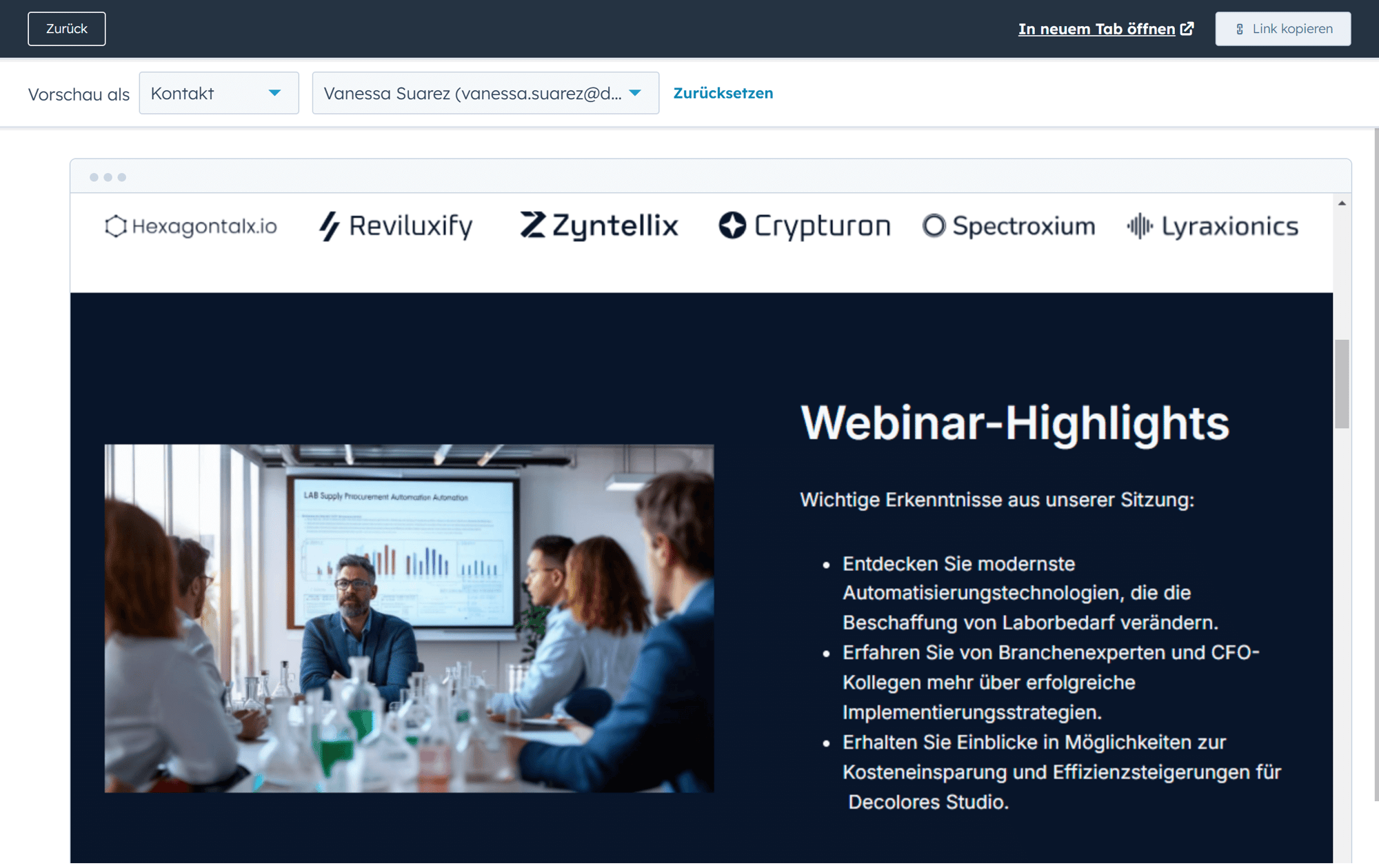 Vorschau der personalisierten Landingpage für einen bestimmten Kontakt