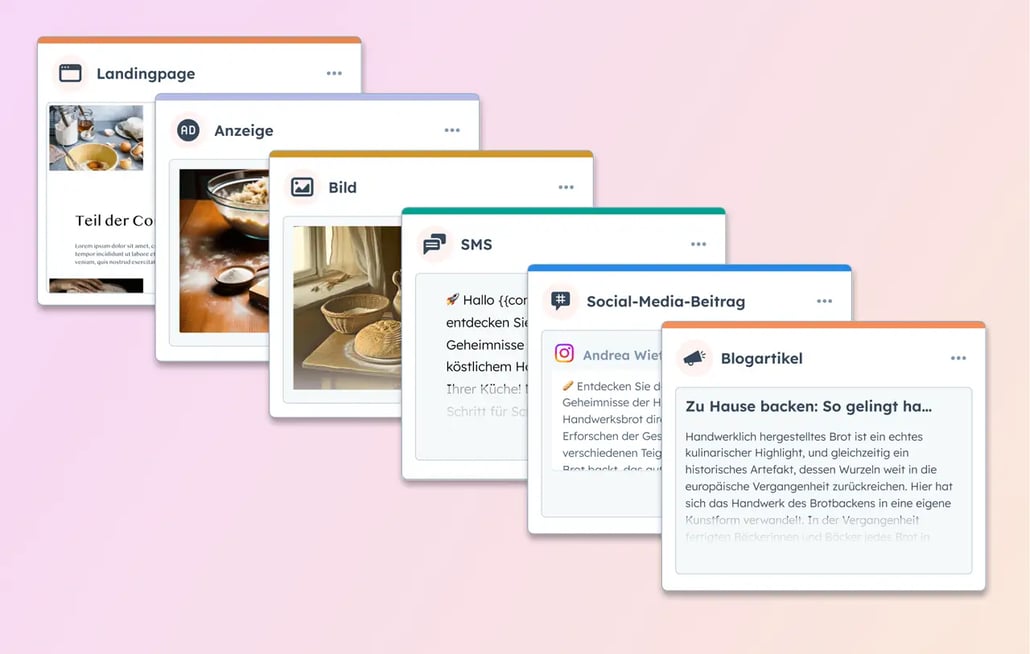 Content-Aufbereitung mit Blogbeitrag, Social-Media-Beitrag, SMS, Bild, Anzeige und Landingpage