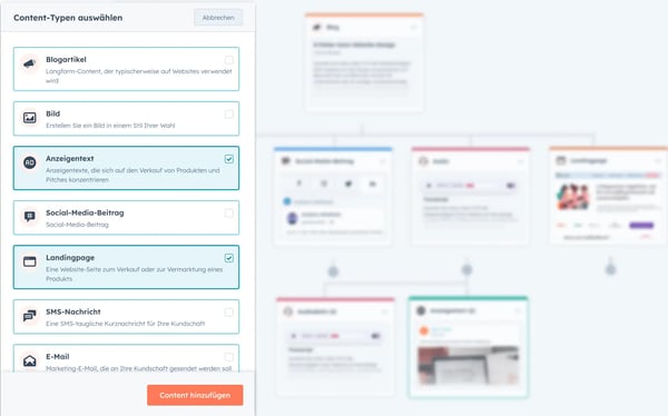 Content-Aufbereitung mit der Möglichkeit, verschiedene Contenttypen auszuwählen