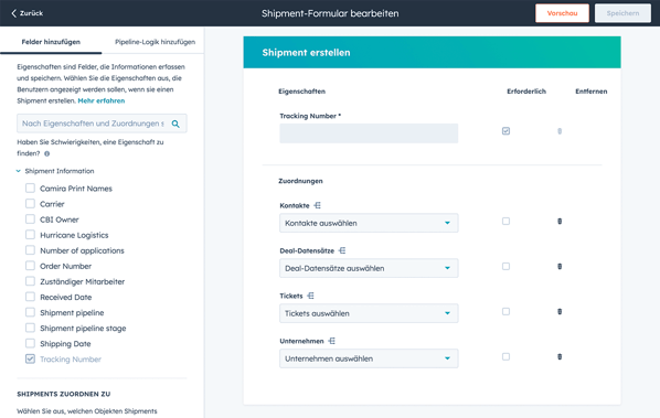 HubSpot Custom Objects zeigt Daten-Mapping eines Shipment-Formulars mit Eigenschaften und Zuordnungen